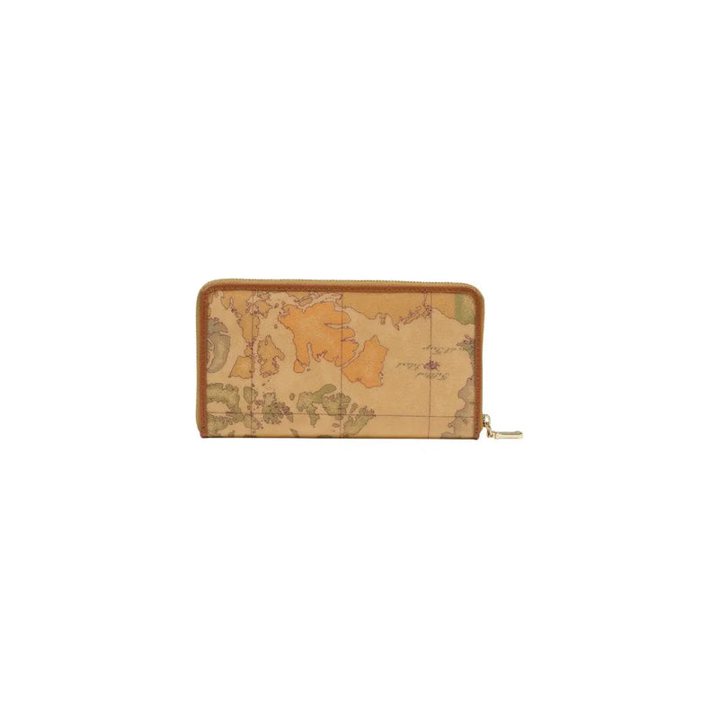 Alviero Martini Prima Classe women wallet beige leather with vintage world map print and tan leather trim rectangular zippered