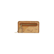 Alviero martini prima classe women wallet in beige leather with a tan and brown vintage map pattern and metallic zipper pull