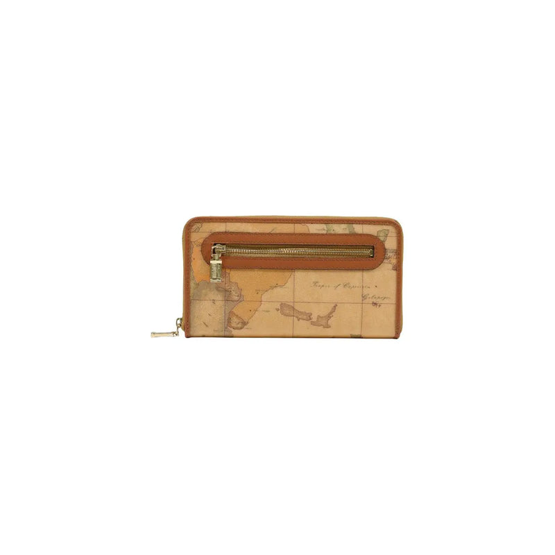 Alviero martini prima classe women wallet in beige leather with a tan and brown vintage map pattern and metallic zipper pull
