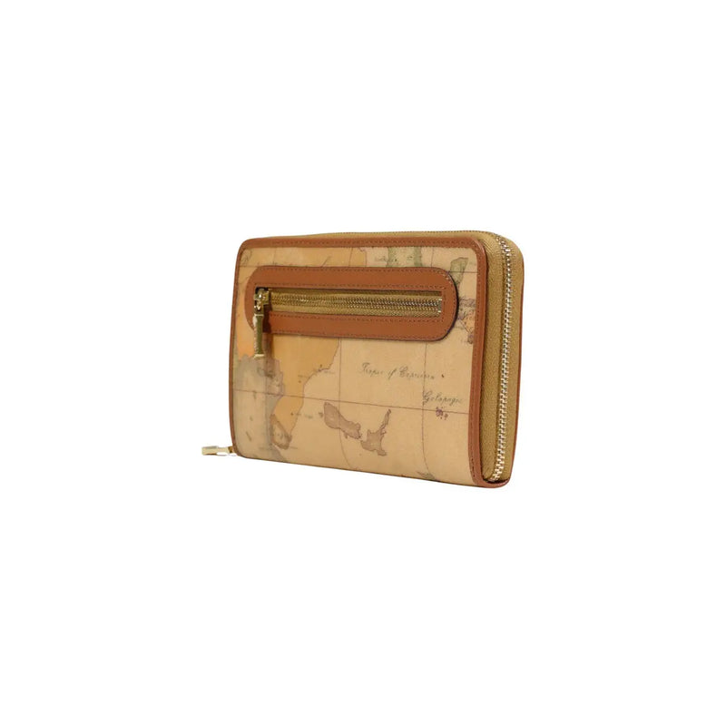 Beige alviero martini prima classe women wallet with vintage map design and tan leather trim in leather material