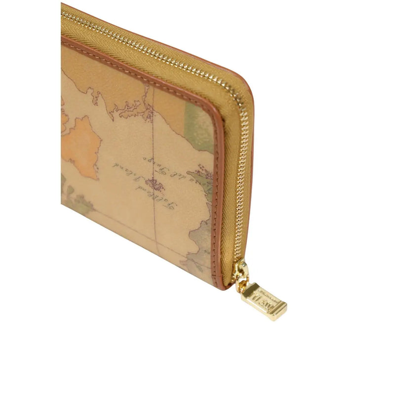 Alviero Martini Prima Classe women wallet in beige leather with vintage map print tan olive tones and gold zipper hardware