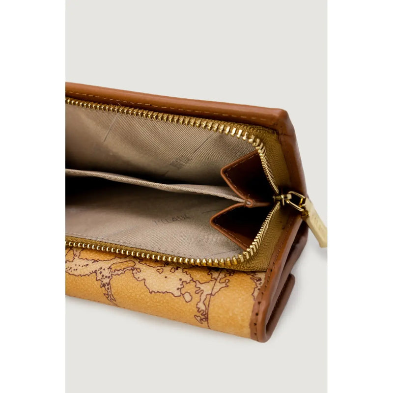 Alviero Martini Prima Classe women wallet brown leather with world map design and gold-toned zippers