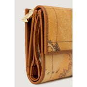 Alviero Martini Prima Classe women wallet in brown tan leather with vintage map design and gold-tone zipper pull