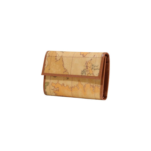 Portefeuille femme Alviero Martini Prima Classe en polyuréthane camel, orné d'un motif de carte vintage et d'un rabat classique.
