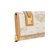 Alviero Martini Prima Classe women wallet in white leather with cream vintage world map print tan trim and gold hardware