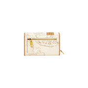 Alviero Martini Prima Classe women wallet in white leather with cream world map print tan trim and gold zipper hardware