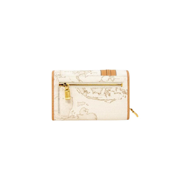 Alviero Martini Prima Classe women wallet in white leather with cream world map print tan trim and gold zipper hardware