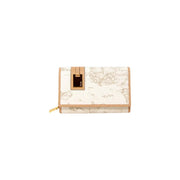 A cream-colored Alviero Martini prima classe women wallet with vintage map print tan leather trim and gold zipper pull