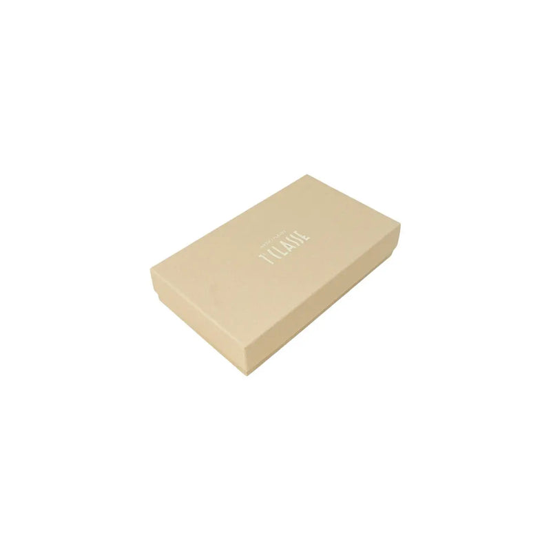 Beige rectangular gift box with subtle clarins silver foil branding for alviero martini prima classe white leather wallet