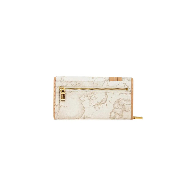 Beige Alviero Martini Prima Classe women wallet in white leather with world map design and gold tone zipper