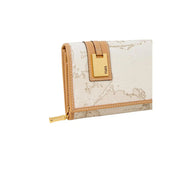 Beige Alviero Martini Prima Classe women wallet with subtle world map print tan leather trim and gold-tone hardware