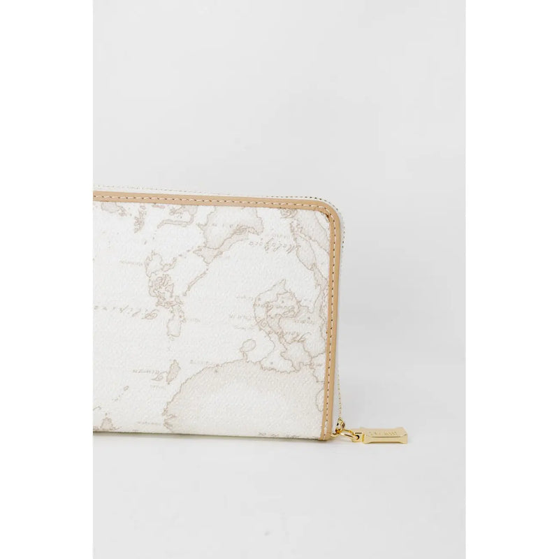 Alviero Martini Prima Classe women white zip wallet with subtle world map print beige stitching and gold zipper pull