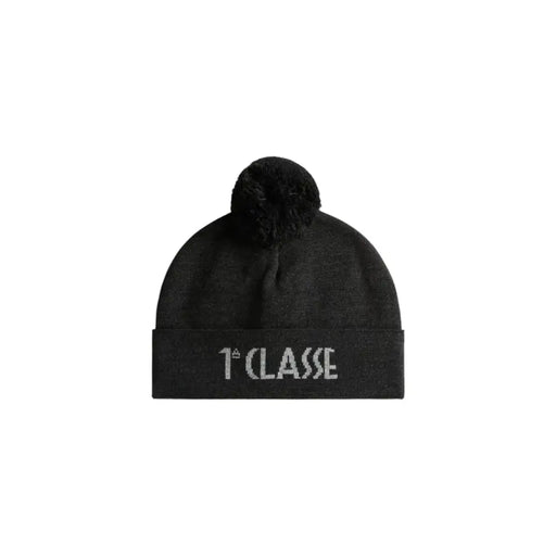 Alviero Martini Prima Classe black knit beanie with pom-pom and silver 1ere classe embroidery