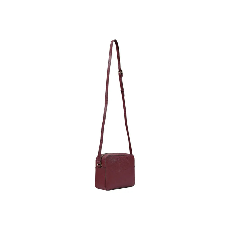 A sleek burgundy leather crossbody bag with minimalist design and adjustable strap by Alviero Martini