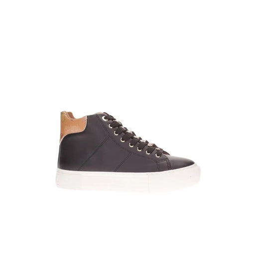 Alviero Martini Damen schwarzer Slip-On Hightop Sneaker mit hellbraunem Lederakzent an der Ferse und weißer Gummisohle (Rückansicht)