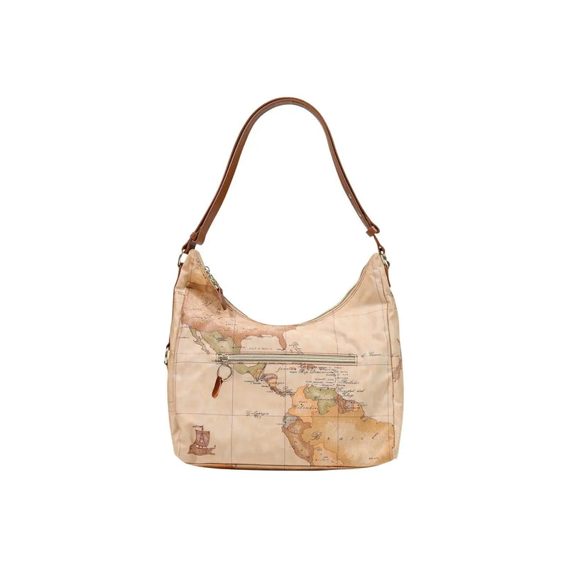 Beige alviero martini women brown leather shoulder bag with vintage world map print and brown leather strap