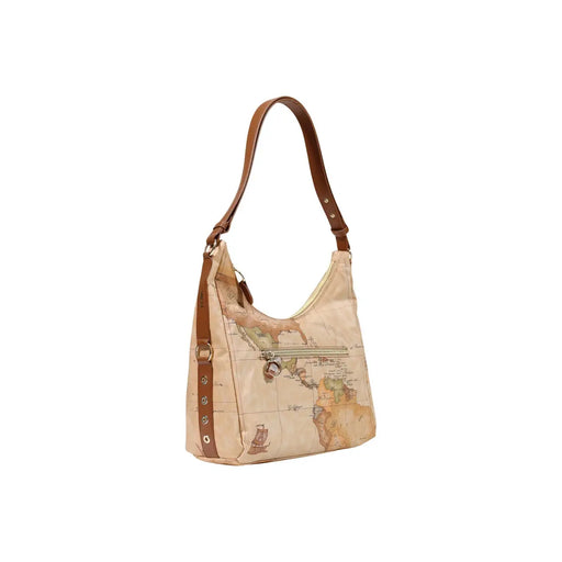 Alviero Martini Damen-Schultertasche aus braunem Leder mit beigem Kartenmuster und Riemen aus Metallbeschlägen
