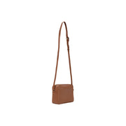Alviero Martini women brown PVC crossbody bag with tan leather minimalist rectangular design and adjustable strap