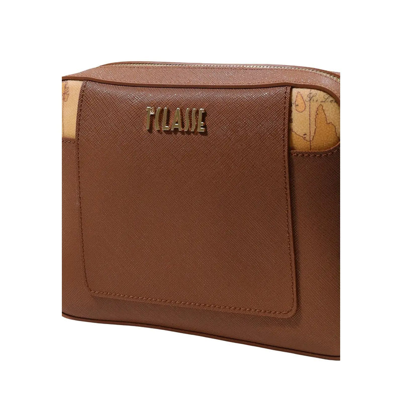 Brown textured leather clutch with gold-tone milan logo and map-patterned accents alviero martini pvc bag 21 x 16 cm