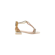 Alviero Martini women gold beige cork-embossed t-strap sandal with glittery metallic heel and polyurethane ankle strap