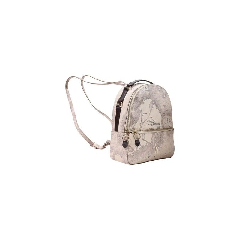Alviero Martini women grey leather rucksack 24x29cm beige backpack with vintage map print and dark brown leather accents