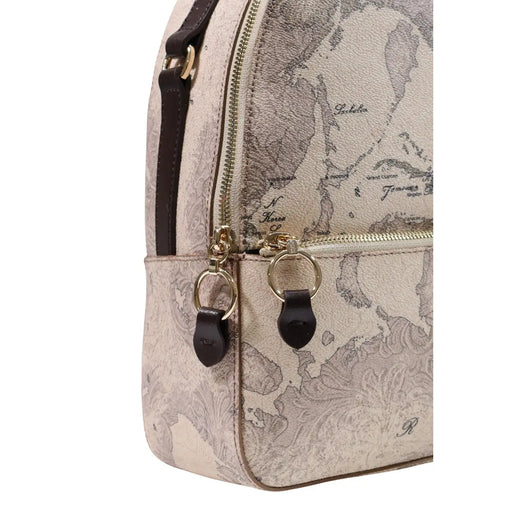 Beigefarbener Alviero Martini Damen-Rucksack aus grauem Leder, 24 x 29 cm, mit Vintage-Weltkartenprint und dunkelbraunen Lederriemen