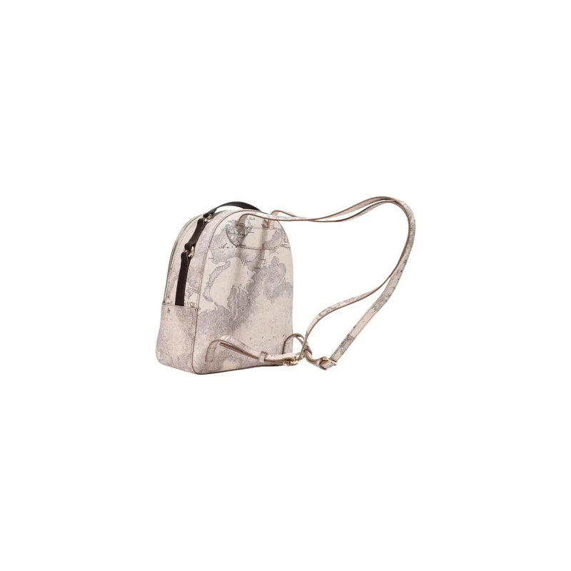 Alviero martini women grey leather rucksack 24x29cm with beige map pattern and metallic hardware