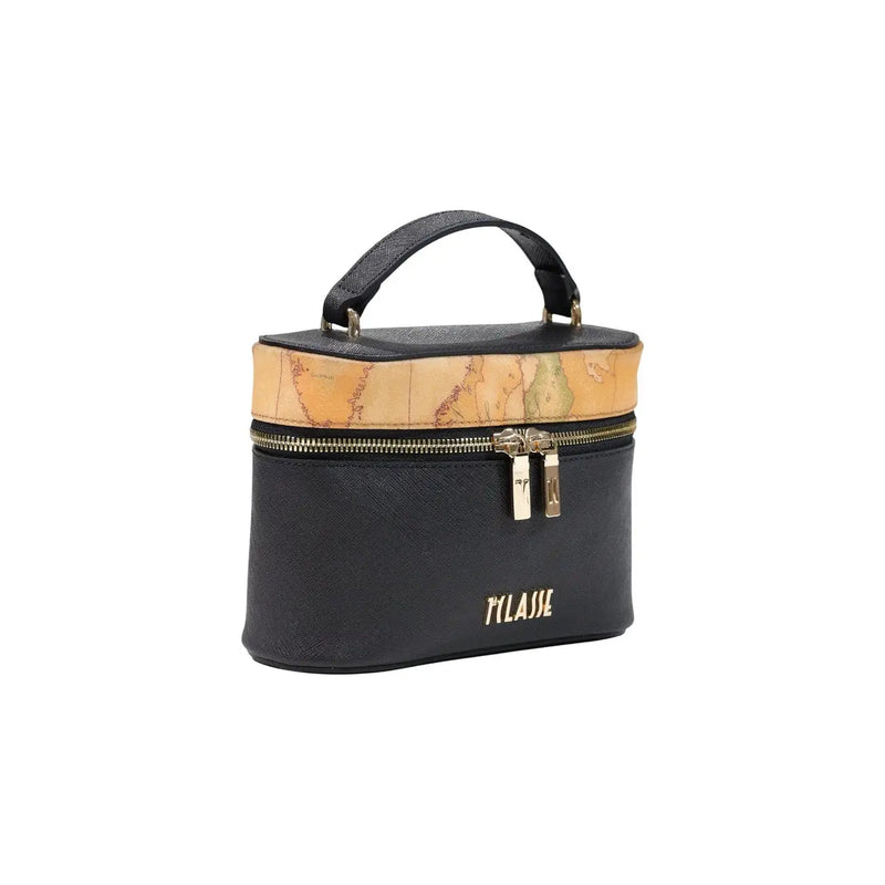 Alviero Martini women handbag black pvc 20cm with vintage map-patterned band and gold-tone hardware travel case