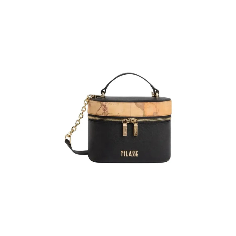 Alviero Martini women handbag black pvc 20cm clutch bag with black and tan map pattern and gold-tone hardware