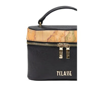 Black textured pvc cosmetic case with vintage map-patterned band and gold-tone zipper pulls by tclasse
