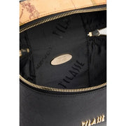 Alviero Martini women handbag black textured leather backpack with gold-tone zipper and tan map patterned flap