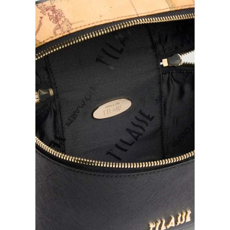 Alviero Martini women handbag black textured leather backpack with gold-tone zipper and tan map patterned flap