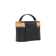 Alviero Martini women handbag black PVC 20cm with black textured leather makeup bag tan cork accents gold-tone zippers