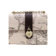 Alviero Martini women handbag beige map-patterned crossbody bag with dark brown leather strap and gold heart lock charm