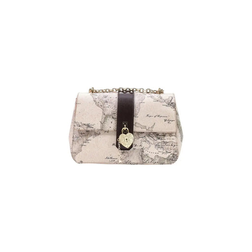Sac à main femme Alviero Martini en cuir crème de 27 cm, bandoulière marron foncé imprimée d'une carte vintage et breloque cadenas en forme de cœur doré