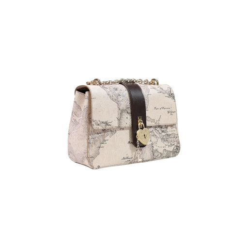Sac à main femme Alviero Martini en cuir crème de 27 cm, bandoulière marron foncé imprimée d'une carte vintage et fermoir cœur doré