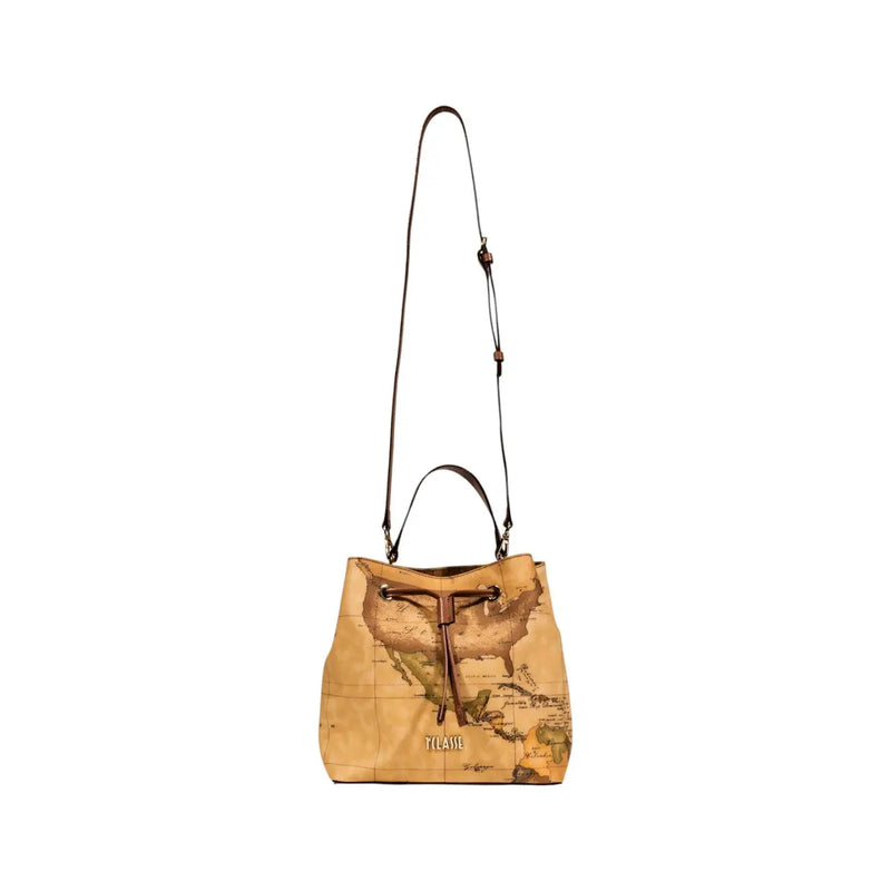 Alviero Martini women leather handbag beige w25cm tan bucket bag with vintage map design brown straps drawstring closure