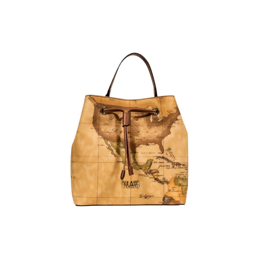 Alviero Martini women leather handbag beige tan leather bucket bag with vintage map print and brown drawstrings W25cm