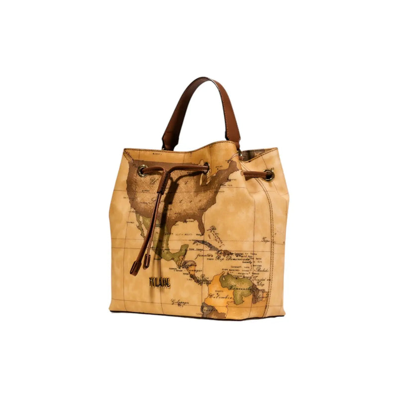 Alviero Martini women leather handbag beige w25cm tan map bucket bag with brown leather handles and drawstring closure
