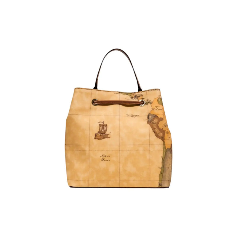 Alviero Martini women leather handbag beige W25cm featuring tan leather, vintage world map print, dark brown handles, and drawstring closure