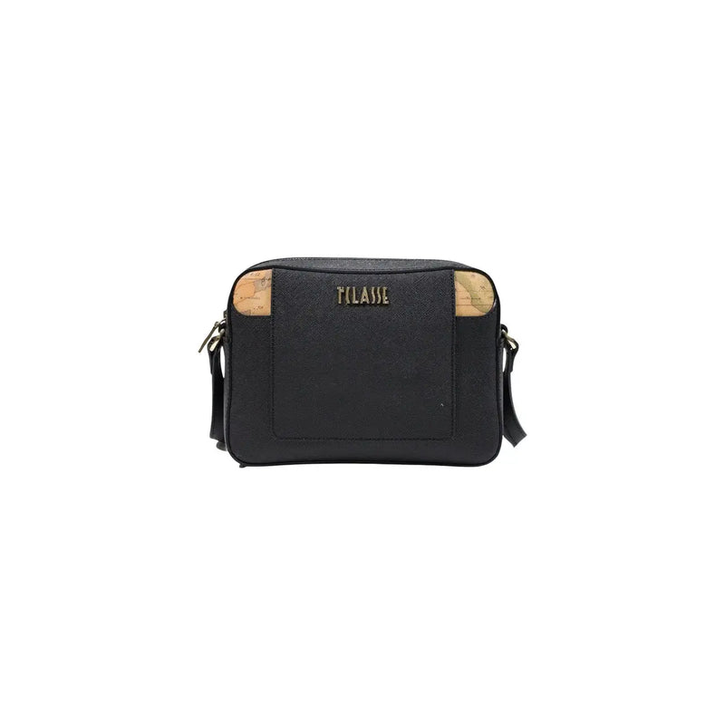 Black Alviero Martini women PVC shoulder bag featuring textured surface and natural cork side accents with gold-tone plaise logo
