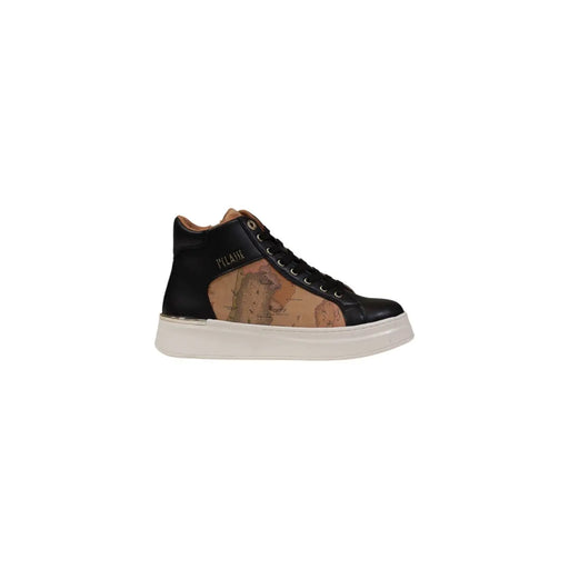 Alviero Martini Damen-Sneaker, schwarz, Polyurethan, hochtop Sneaker mit hellbraunem Kartenmuster-Einsatz und weißer Gummisohle
