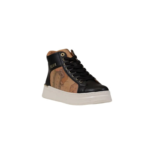 Alviero Martini Damen-Sneaker aus schwarzem Polyurethan mit schwarzem und beigem Absatztop Design und Weltkartendetails an der Seite