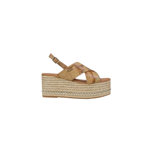 Alviero Martini Damen-Plateausandalen aus beigefarbenem Polyurethan mit gewebter Espadrille-Sohle und gekreuzten Riemen mit Kartenmuster