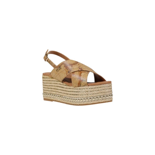Alviero Martini Damen-Plateausandalen in Beige mit gewebter Espadrille-Sohle und Polyurethan-Riemen mit Landkartenmuster