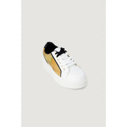 Alviero Martini women white lace sneakers with gold black patterned side panel and contrasting black tongue