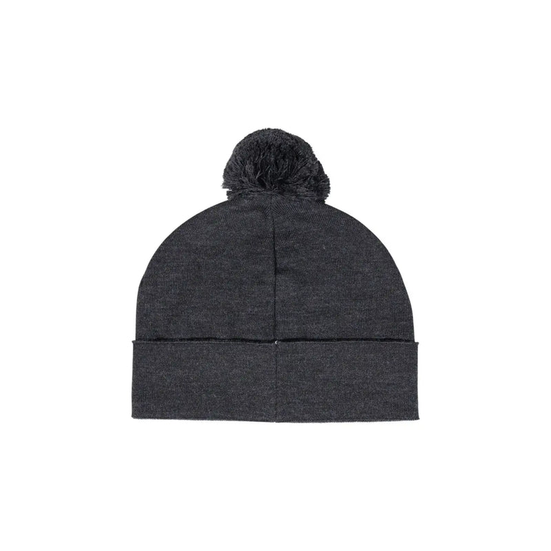 Dark gray knit wool beanie with matching fuzzy pom pom by alviero martini for women with black patterned design