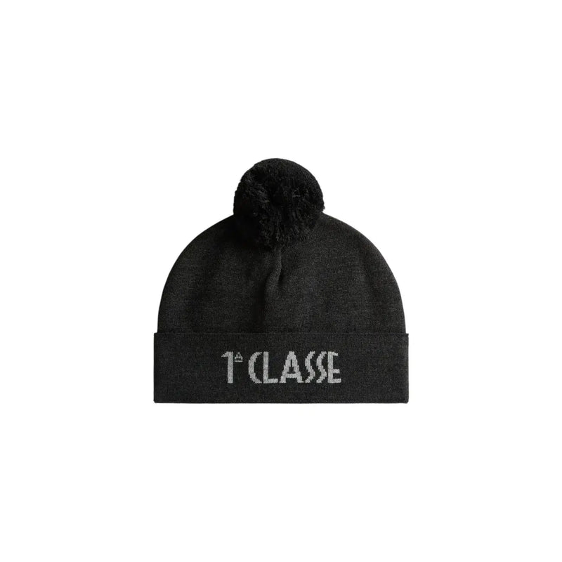 Alviero Martini women wool cap black knit beanie with matching pom-pom and silver 1ère classe embroidery on brim