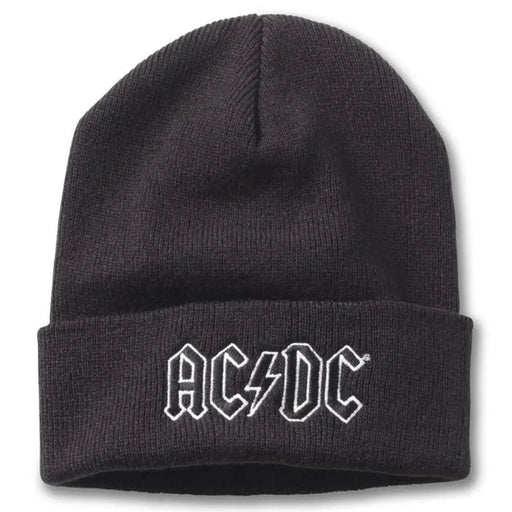 Dark gray knitted acrylic beanie with white embroidered ac/dc logo on cuff american needle fall winter cap for men