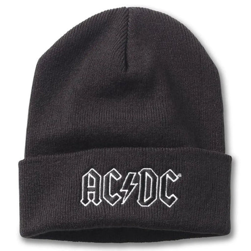 Dark gray knitted acrylic beanie with white embroidered ac/dc logo on cuff american needle fall winter cap for men